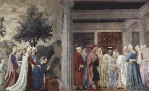 Fresques d'Arezzo : Rencontre de la reine de Saba et du roi Salomon